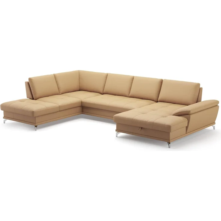 Cavadore Wohnlandschaft Castiel mit Federkern / Sofalandschaft mit großem Longchair, Sitztiefenverstellung und satinierten Metallfüßen / 363 x 89 x 223 / Echtleder, Beige – Bild 1