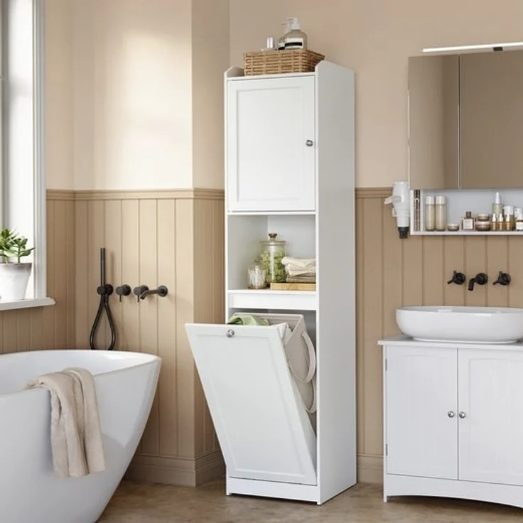 Vasagle Badezimmerschrank mit Wäschekorb, MDF weiß, 40 x 40 x 170 cm – Bild 1