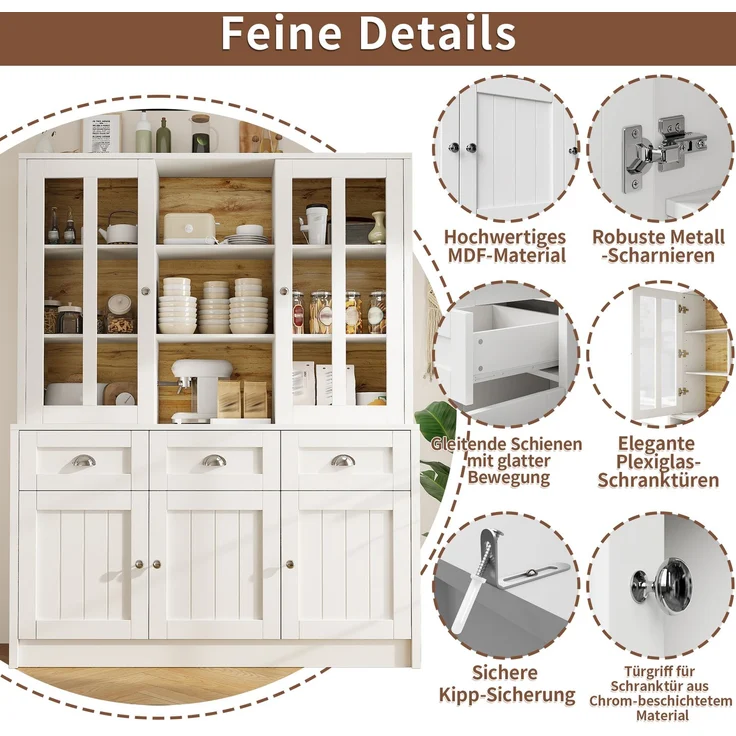 Hochschränke fürs Wohnzimmer(140×38.5×175cm), Vitrinenschrank,Küchenschrank,Esszimmerschrank mit Schubladen, Moderner Minimalistischer Hochschrank, Standvitrine für Küche Wohnzimmer Esszimmer, Weiß--Weiß--140x38.5x175cm--YOUDENOVA – Bild 8