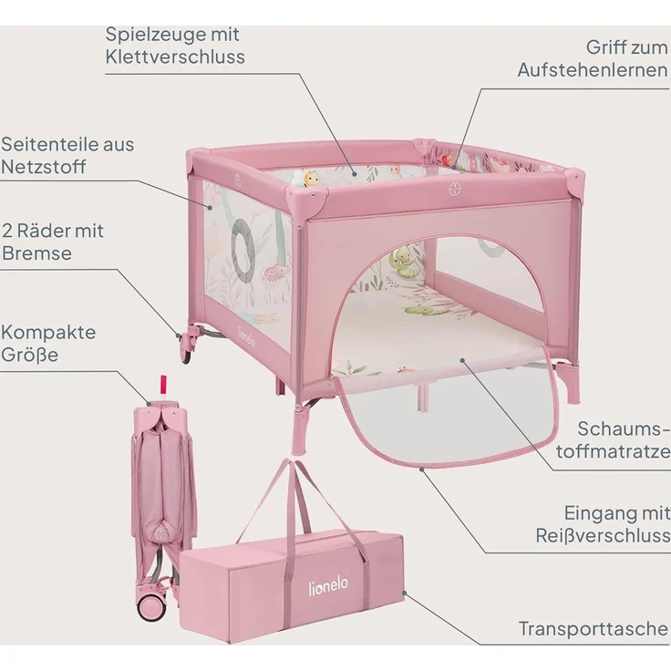Lionelo Mille Plus 2-in-1 Reisebett und Laufgitter bis 15 kg 0-36 Monate, seitlicher Eingang, 3D-Matratze, 2 Räder mit Bremse für einfaches Zusammenklappen, Tragetasche – Bild 9