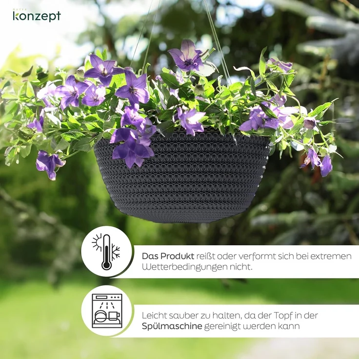 KONZEPT Blumenampel Hängend für Innen und Außen (Durchmesser: 30 cm Grau, Anthrazit, Weiß, Hängetopf für Pflanzen), geflochtenes Muster, robust – Bild 4