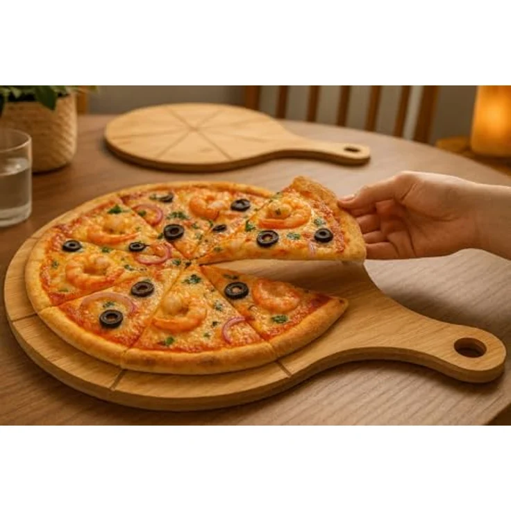 hausleben Pizzaschneidebrett Pizzateller Pizzabrett aus Bambus Doppelpack, (2-St), pizzaservierbrett schneiderbrett mit Griff – Bild 3