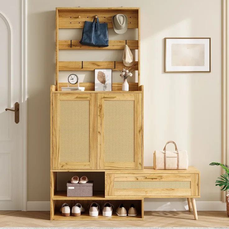 Flieks Garderobenschrank mit drehbarer Sitzbank, 2 PVC-Geflechttüren, Schuhablage und Kleiderhaken, 123.5 x 35 x 180 cm, Naturholzoptik