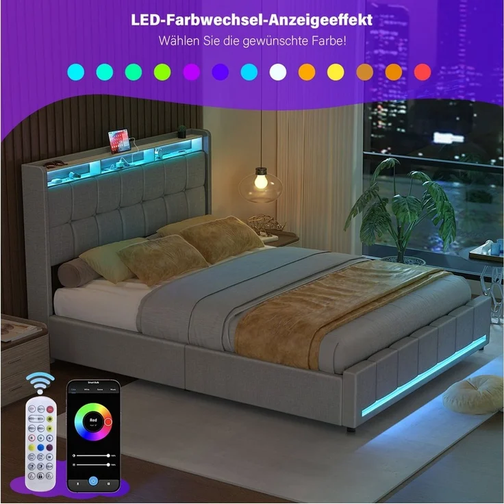 oyajia Polsterbett LED Doppelbett 140x200 cm mit 4 Schubkästen und Kopfteil, Ladefunktion (Leinenmaterial Polsterbett mit mit Lattenrost und Ladefunktion), Typ-C, USB-A, 2 Steckdosen,mit RGB Beleuchtung – Bild 4