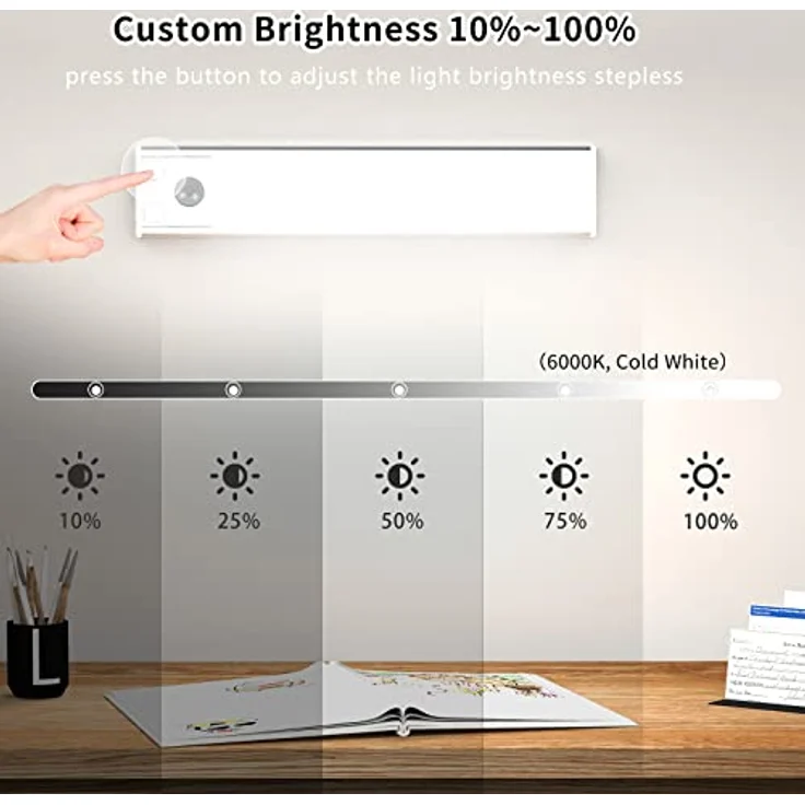 Schrankbeleuchtung LED mit Bewegungsmelder 20.5CM Unterbauleuchte Küche Stufenlose Dimmbar Unterbauleiste Led Leiste 1000mAh Aufladbar Nachtlicht für Küche Treppe Spiegelschrank Bücherregal 3 Stück – Bild 4