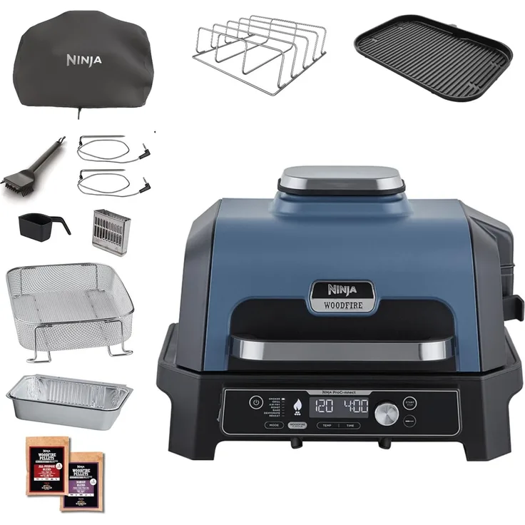 Ninja Woodfire Pro Connect XL Elektrischer BBQ Smoker Grill, App-Steuerung, digitaler Temperaturfühler, Rippenrost, Deckel, großer 7-in-1 Outdoor Grill & Heißluftfritteuse, blau & schwarz OG901EUAMZ