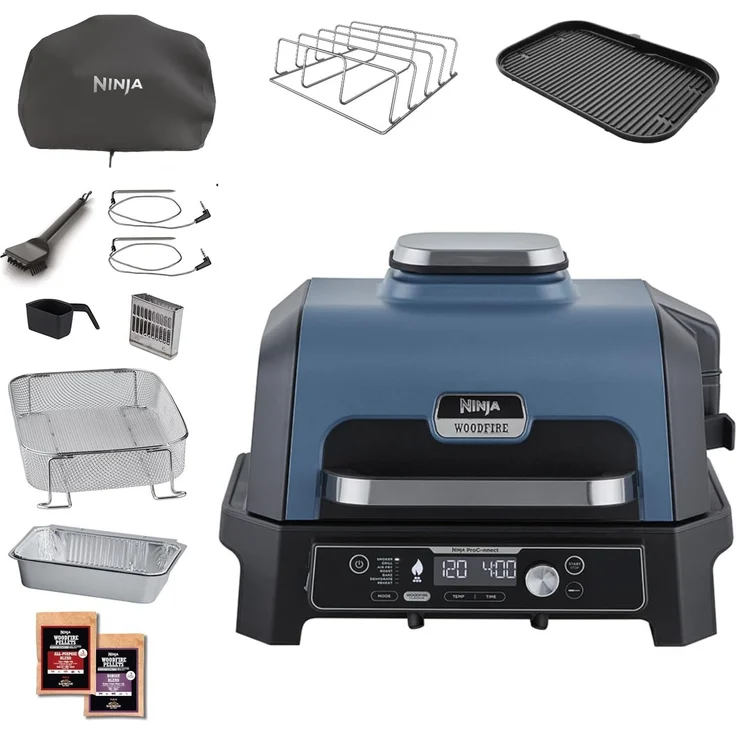 Ninja Woodfire Pro Connect XL Elektrischer BBQ Smoker Grill, App-Steuerung, digitaler Temperaturfühler, Rippenrost, Deckel, großer 7-in-1 Outdoor Grill & Heißluftfritteuse, blau & schwarz OG901EUAMZ