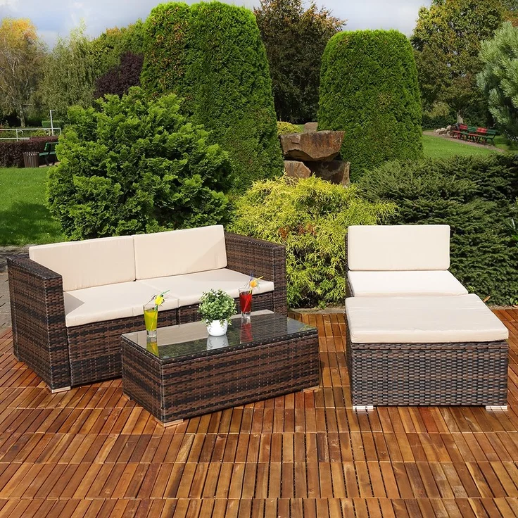 Gartenmöbel 5tlg. Sitzgruppe Sofa Lounge Polyrattan Essgarnitur Sitzkissen braun – Bild 3