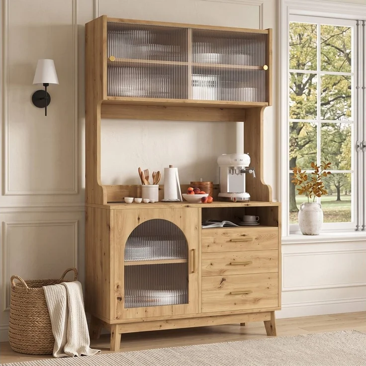 Flieks Küchenbuffet Hochschrank mit Steckdosen, Acryl-Schiebetüren, 3 Schubladen (B100,5xT40xH178 cm, 1-St) Küchenschrank Mehrzweckschrank mit verstellbare Ablagen Natur – Bild 3