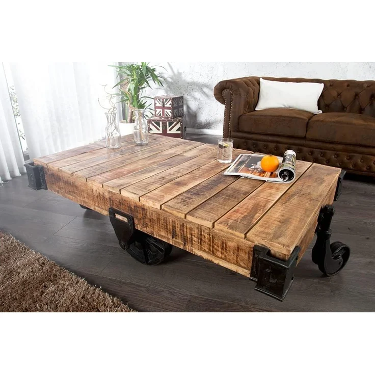 riess-ambiente Couchtisch RAILWAY 120cm natur / schwarz, Wohnzimmer · Massivholz · Metall · auf Rädern · Industrial – Bild 2