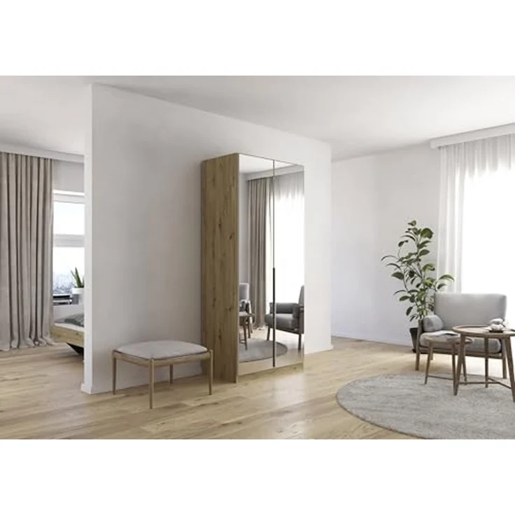 Rauch Möbel Alabama, Kleiderschrank für Schlafzimmer, Kinderzimmer, Wohnzimmer, Garderobe, Flur, 2-türig, Spiegel, mit Zubehör Premium, Farbe Beige/Eiche Artisan. Holz, Breite 91 cm – Bild 2