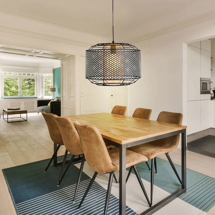 Hängelampe, Metall, goldfarbener Zylinder, Gitter, H 150 cm – Bild 4