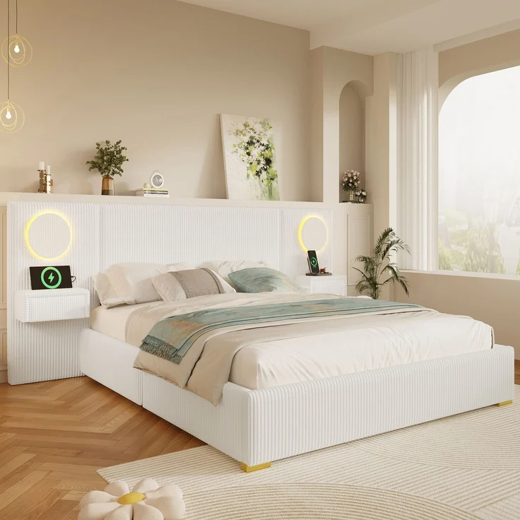U-life Samtstoff Polsterbett 180x200 cm, fürs Schlafzimmer, USB-Anschlüssen, Samt, Beige – Bild 2
