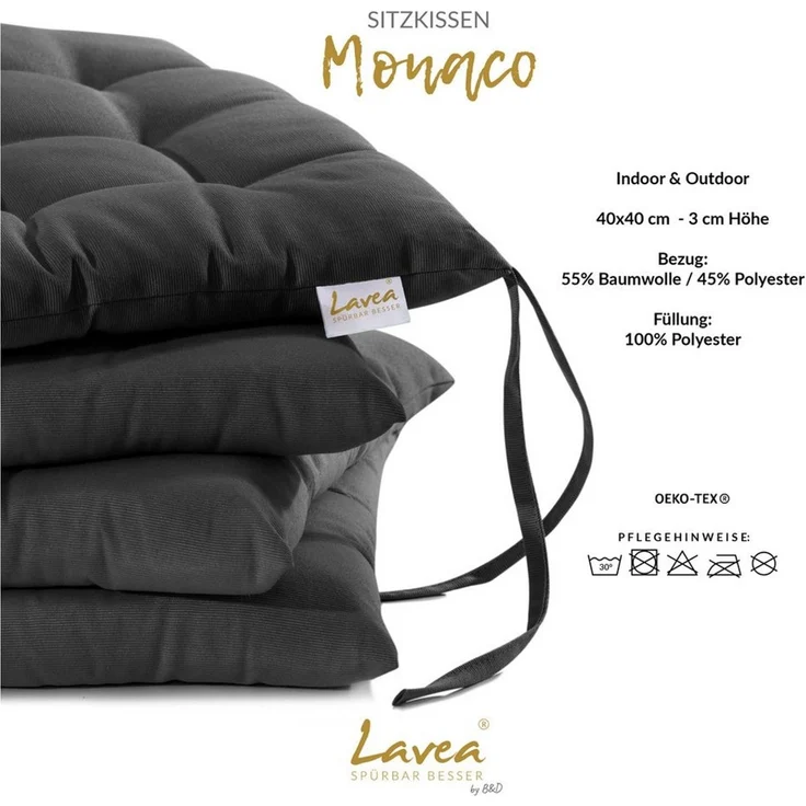 Lavea Stuhlkissen Lavea® Sitzkissen & Stuhlkissen 40x40 cm – 4er/8er Set, 40x40x3 cm, mit Stoffbändern, Indoor & Outdoor, für Garten & Balkon – Bild 3