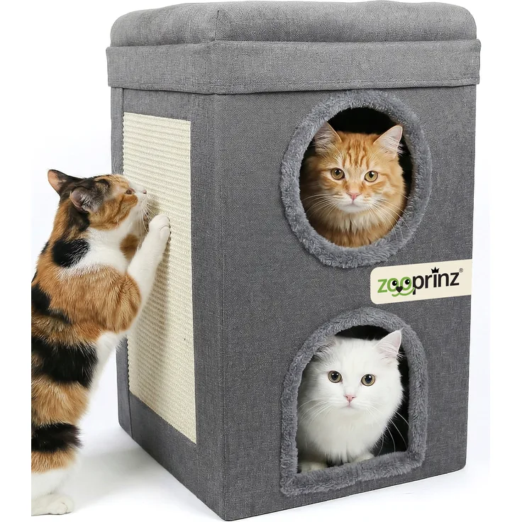 zooprinz Katzenhaus Mona, extra großes 2-Etagen-Katzenhaus mit Kratzfläche, zwei Schlafhöhlen, grauer Leinenstoff