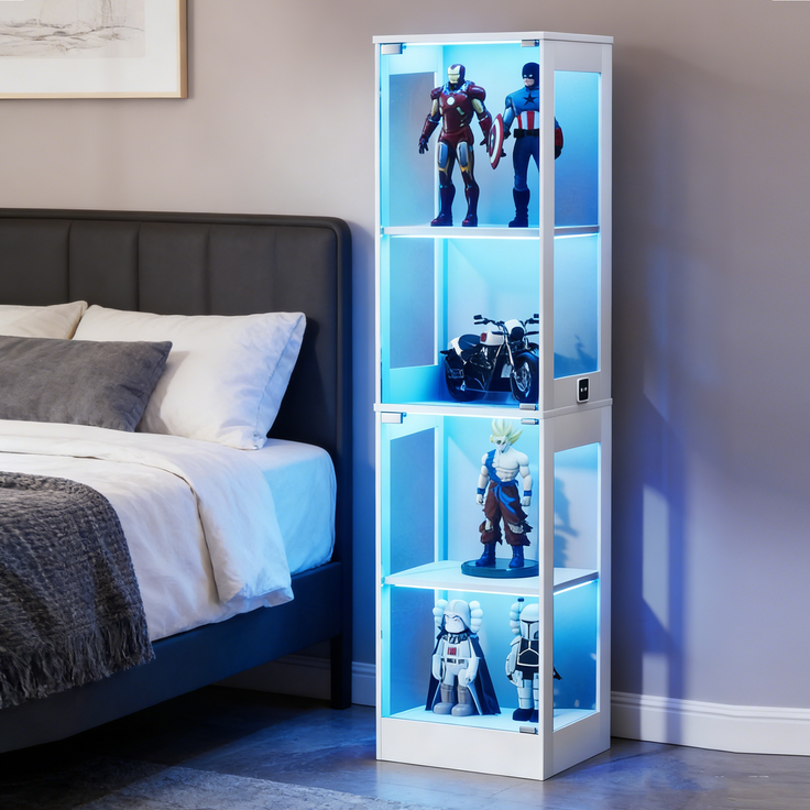 Vierstöckige Glasvitrine mit Stauraum, LED-Beleuchtung, Glastüren und intelligenten Sensoren, Als staubdichte Glasvitrine für Wohnzimmer, Schlafzimmer und Büros geeignet, Weiß. 40*35*165cm--Weiß--40x35x165cm--YOUDENOVA – Bild 4