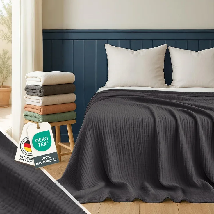 Blumtal Tagesdecke Baumwolle 130x170 cm - Musselin Decke Oeko-TEX Zertifiziert - Bettüberwurf 130x170 - Couch Überwurf - Kuscheldecke Baumwolle 100% - Decke Wohnzimmer Sofa - Bedspread Anthrazit