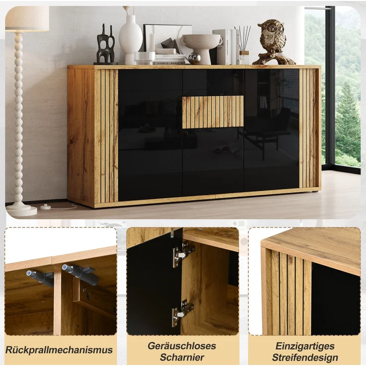 DESVIAE Sideboard Schwarz-Holzton aus MDF/Spanplatte – 140x71x35 cm – 3 Türen, 6 Fächer – Bild 5