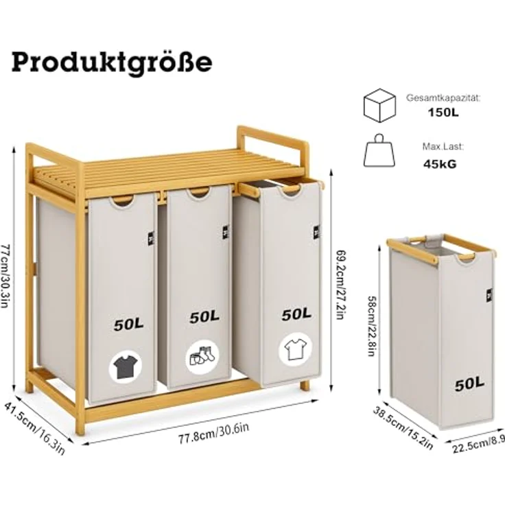 AdelDream Wäschekorb Wäschekörbe mit Bambusrahmen, 150 l, 3 Fächer – Bild 4