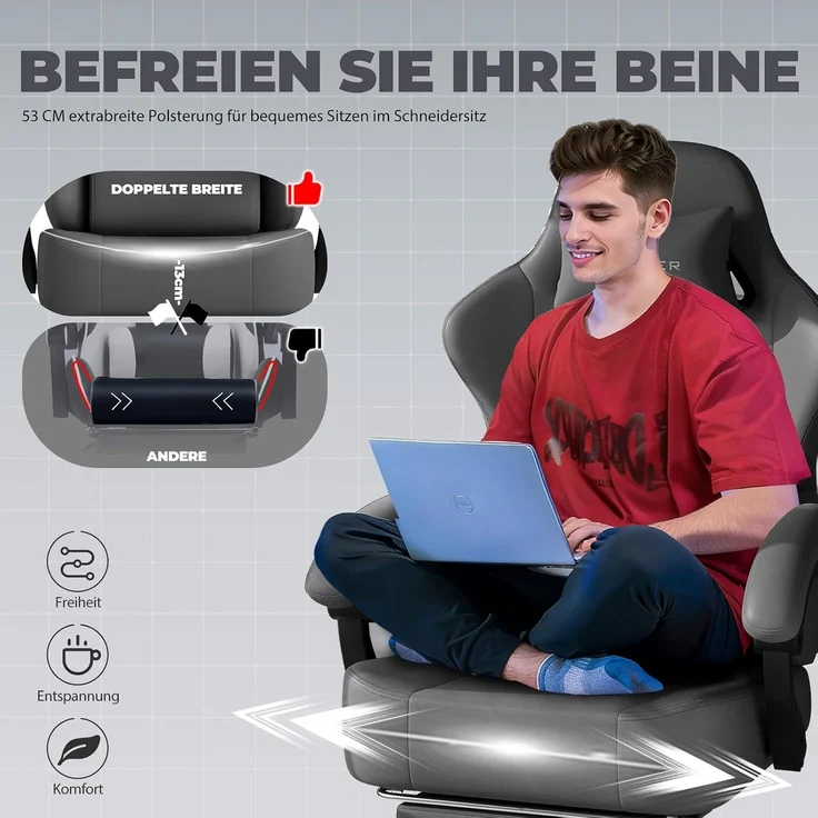 GTPLAYER Gaming-Stuhl Atmungsaktiver Bürostuhl, ergonomisch Hochwertiger - Stoff/Kunstleder, 160° Verstellbare Rückenlehne und ausziehbare Fußstütze – Bild 6
