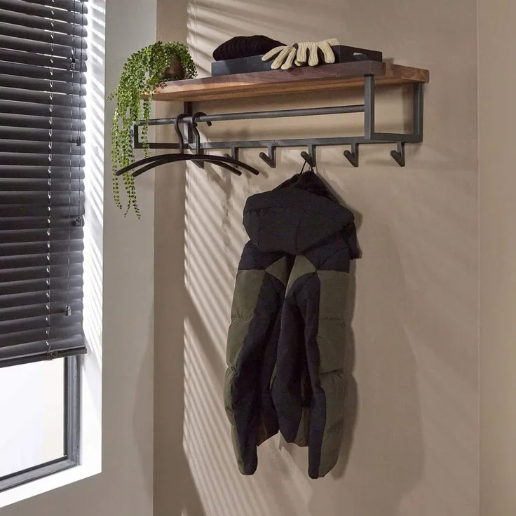 Garderobe Solalid aus Saja Massivholz, modern industriell, braun, mit Hutablage und 6 Haken