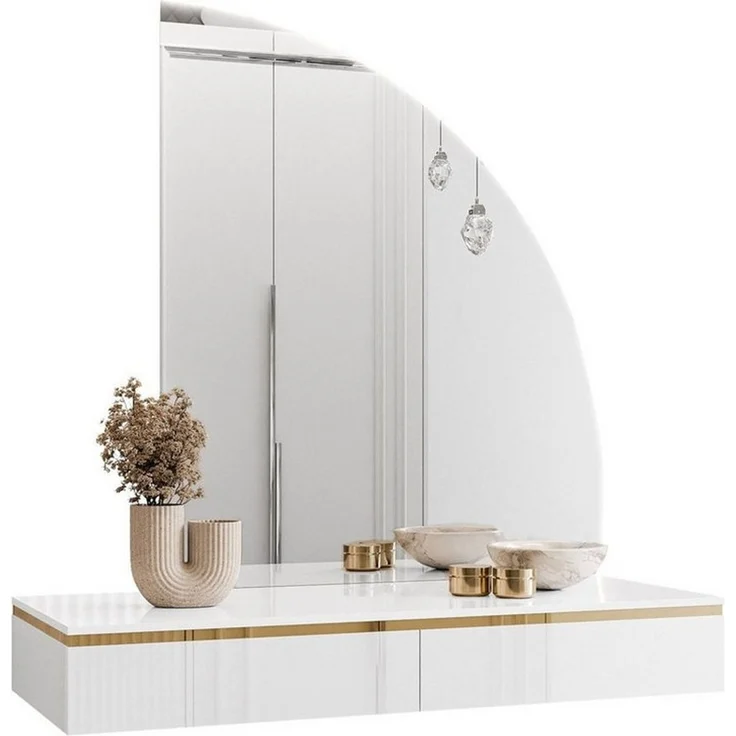 ALLHOUSE24 Schminktisch Hängender Schminktisch PEONY GOLD Halbmond Spiegel mit Beleuchtung (1x Konsolentisch, 1x Spiegel mit LED Beleuchtung), Breite: 102 cm – Bild 1