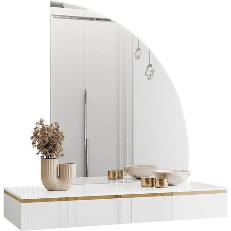 ALLHOUSE24 Schminktisch Hängender Schminktisch PEONY GOLD Halbmond Spiegel mit Beleuchtung (1x Konsolentisch, 1x Spiegel mit LED Beleuchtung), Breite: 102 cm