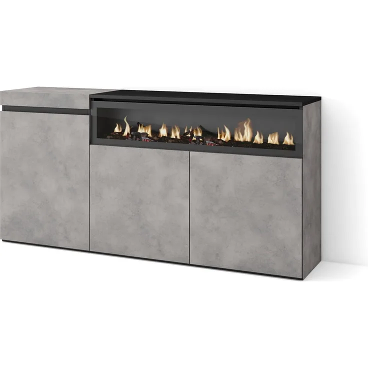 Skraut Home | Sideboard, Highboard | Kommode, Komodenschrank | 150 x 75 x 35 cm | 3 Türen | Elektrokamin. Maße | Moderner Stil | Zement
