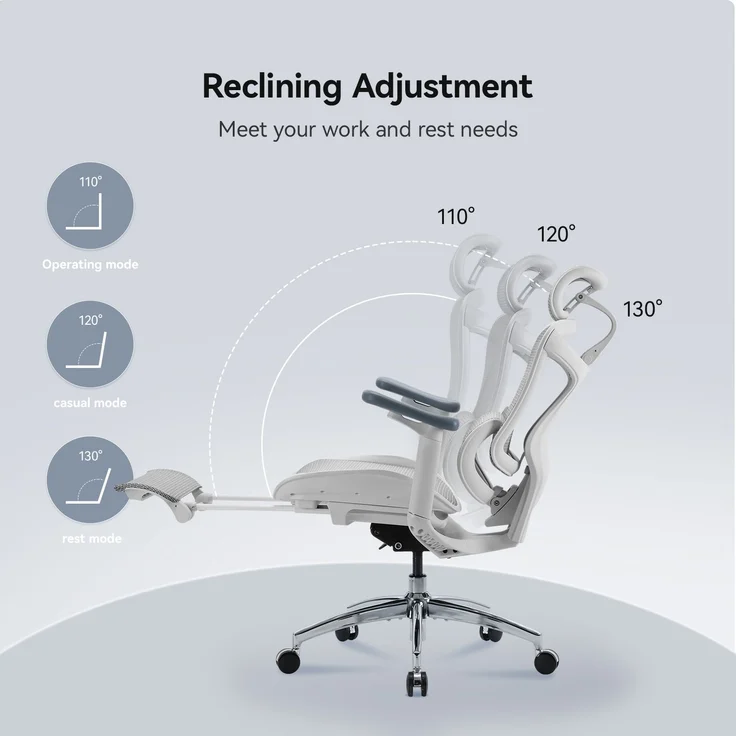 Sihoo 'Doro C300L' ergonomischer Schreibtischstuhl, Mit Fußpedal, 126 x 78,5 cm, in Weiß – Bild 10