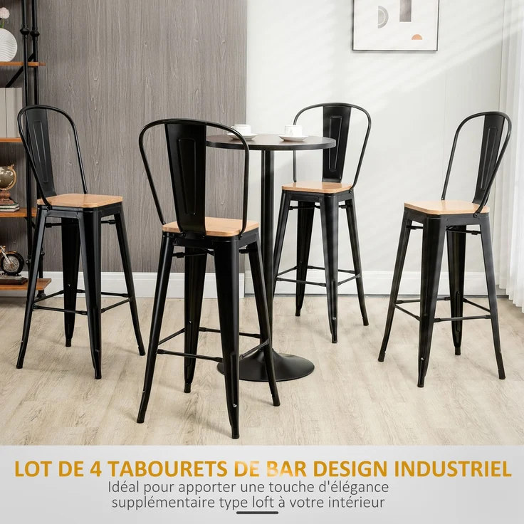 4er-Set Barhocker im Industriestil mit Rückenlehne und Fußstütze, Sitzhöhe 76 cm, schwarzes Metall, mehrschichtige Platten in heller Holzoptik – Bild 6