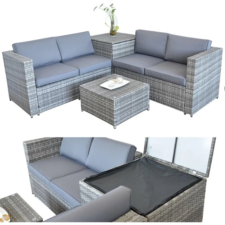 XXL PolyRattan Sitzgruppe + Auflagenbox Garten Sofa Sitzgarnitur Gartenset Grau – Bild 2