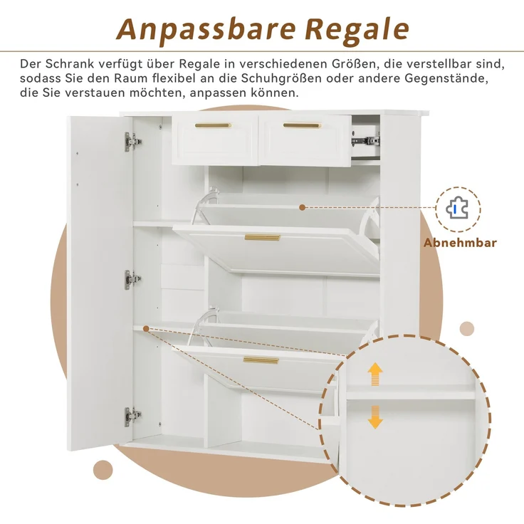 Schuhschrank, Schuhkipper mit Schubladen, Breite 95 cm, 2 Schubladen, 1 Türen, 2 Klappen, 1 offene Fächern – Bild 6