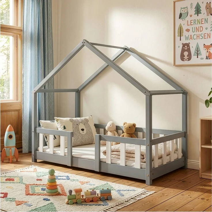 en. casa Kinderbett, »Treviolo« Haus-Optik Montessori 70x140 cm Hellgrau / Weiß – Bild 1