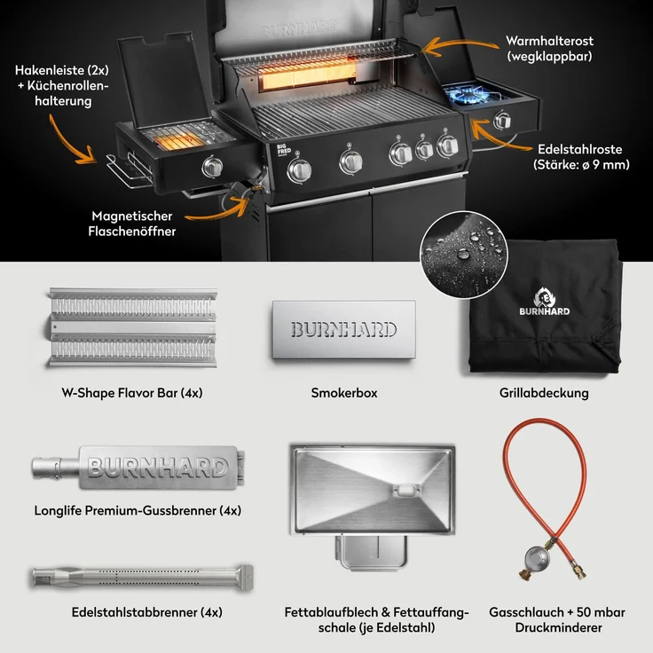 BURNHARD® Gasgrill 4-Brenner, 24,7 kW, Infrarot-Keramikbrenner, Seitenkochfeld, Heckbrenner, Edelstahlrost, Piezo-Zündung, Edelstahl-Brennkammer, große Grillfläche – Big FRED Deluxe+ - Schwarz - #947146 – Bild 4