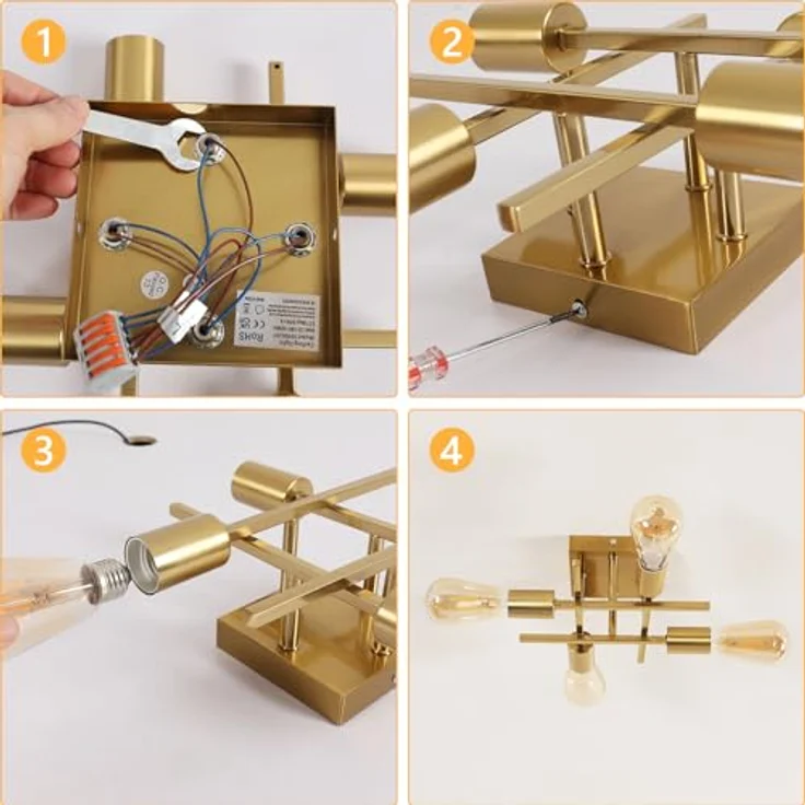 Goeco Deckenleuchte Vintage, Gold Kronleuchter Pendelleuchte Lampe E27 4 Flammig aus Metall, Industrial Deckenlampe Pendelleuchte für Schlafzimmer, Wohnzimmer, Esszimmer, Küche – Bild 10