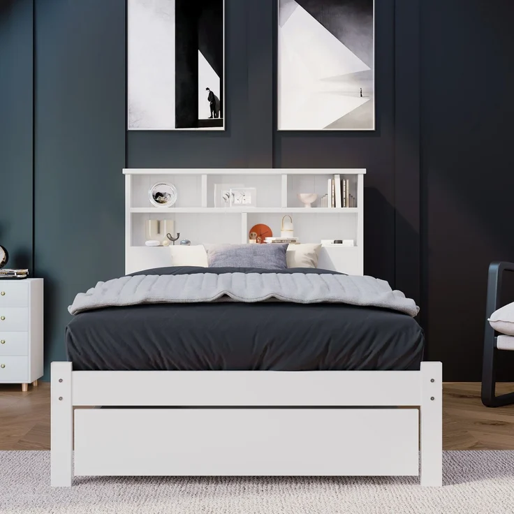 Holzbett, Einzelbett inkl. Schublade und Lattenrost, Kopfteil mit Regal, 90x200 cm, Holzbett aus Kiefer, Jugendbett – Bild 2