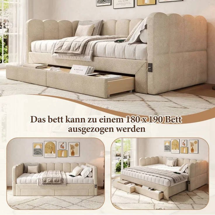 CHICFURN Bett aus Chenille Beige 90/180x190 cm ausziehbar mit 2 Schubladen und USB- und Type-C-Anschlüssen – Bild 6
