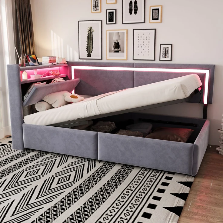 EINHOM Polsterbett Schlafsofa 90 x 200 cm, Samt, mit LED-Beleuchtung und USB-Ladeanschlüssen, Kopfteil Lässt Sich zum Verstauen Öffnen, Hydraulisches Stauraumsystem unter dem Bett, Hellgrau, (Ohne Matratze) – Bild 3