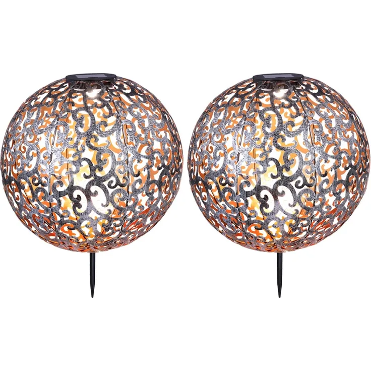 2x LED Solar Stecklampen, Dekor Stanzungen Kugel, 28,5 cm
