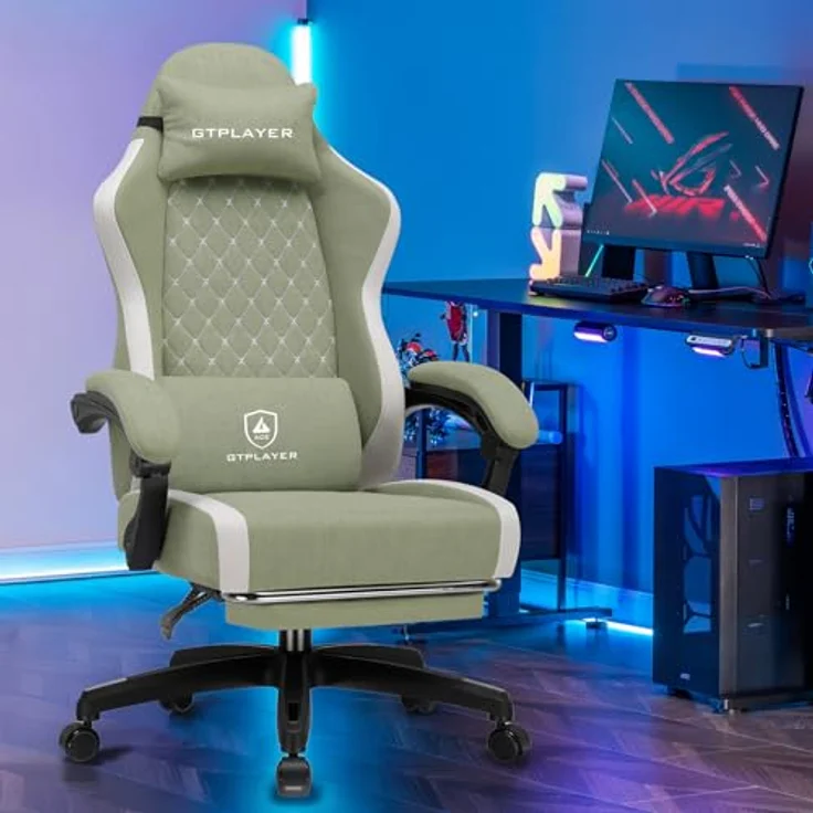 GTPLAYER Gaming Stuhl Ergonomischer, PC Stuhl Atmungsaktiver Stoff, Groß und Hoch Drehbarer Schreibtischstuhl mit Fußstütze,Verstellbare Lendenwirbelstütze und Kopfstütze,Grün – Bild 2