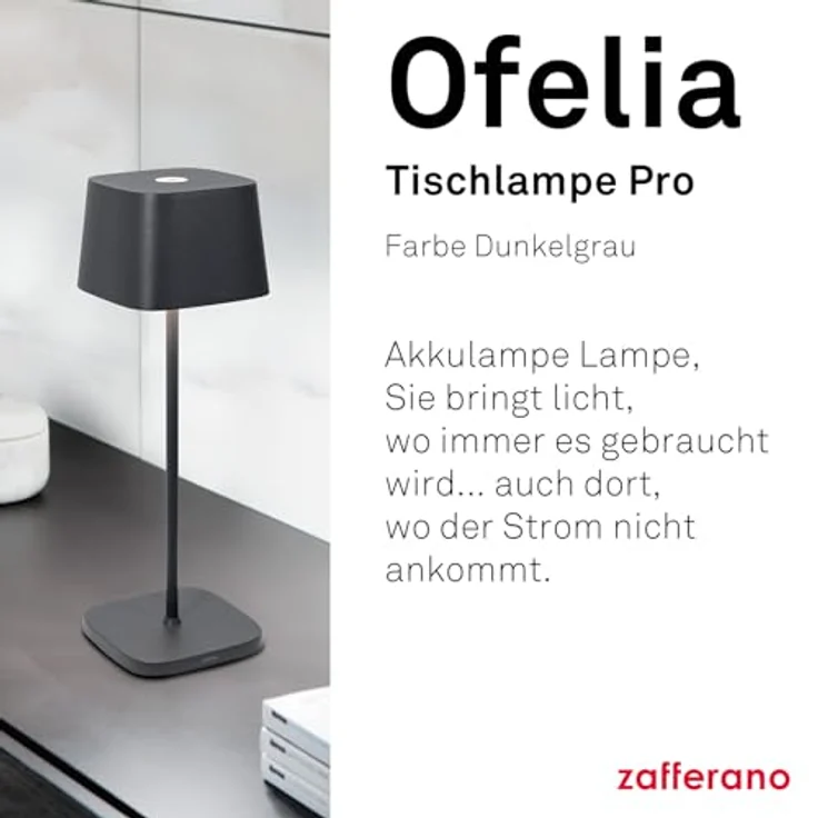 Zafferano, Ofelia Lampe, Kabellose, Wiederaufladbare Tischlampe mit Touch Control, Auch für den Außenbereich Geeignet, Dimmer, 2200-3000 K, Höhe 29 cm, Farbe Dunkelgrau – Bild 2