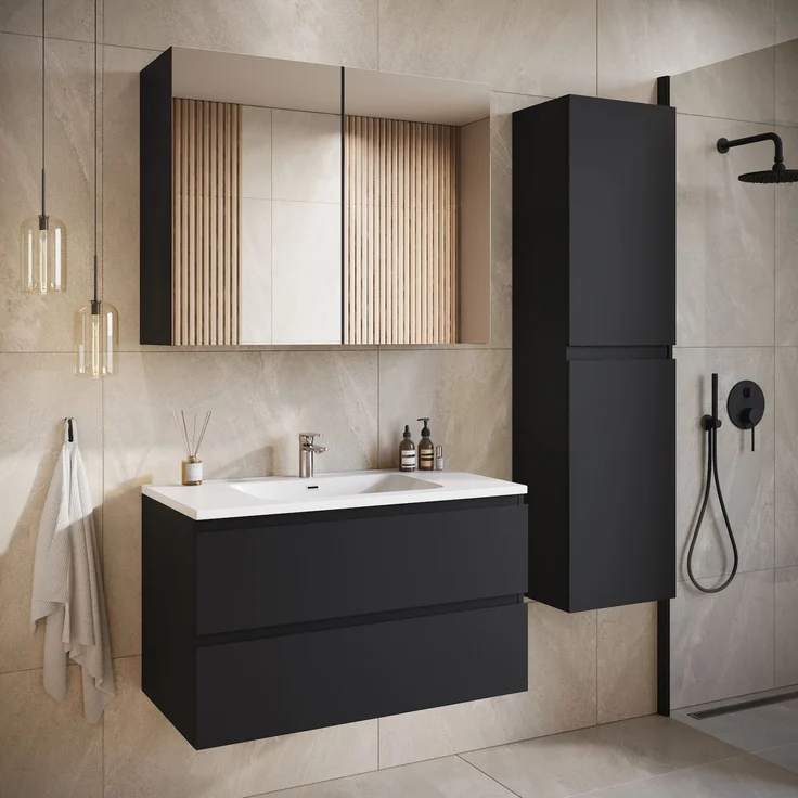 Badplaats Badmöbel Set mit Waschbecken und Unterschrank Angela 80 x 48 cm Schwarz Matt - Waschbeckenunterschrank mit Soft-Close und Waschbecken, Vorgemontiert – Bild 5