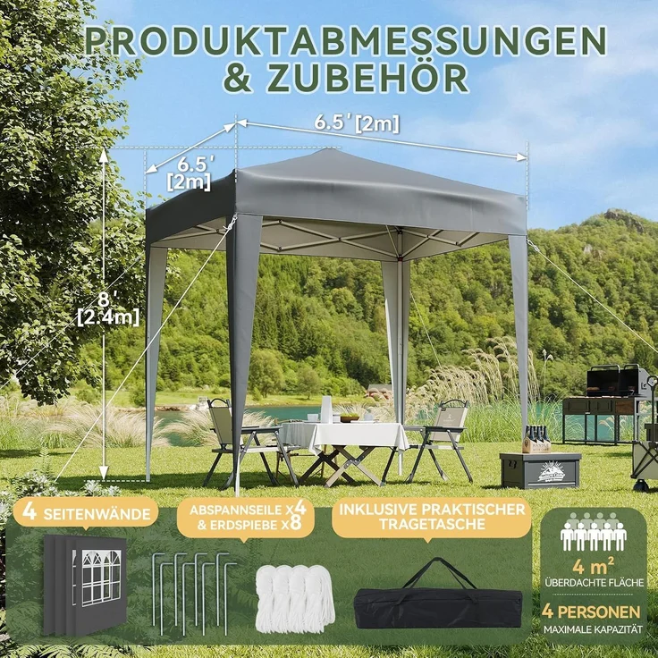 Aoxun Pop Up Pavillon 2x2m Wasserdicht mit 4 Seitenwänden, Metallrahmen-Schutzzelt, Höhe Verstellbar, Faltpavillon 2x2 mit Tragetasche für Camping Party, Grau – Bild 2