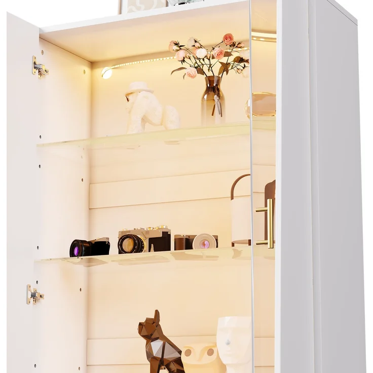 Flieks LED-Vitrine, mit asymmetrischer Glastür, 3 verstellbaren Glasböden und Metallfüßen, 72 x 40 x 145 cm, Weiß – Bild 3