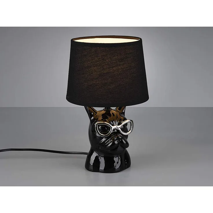 Coole LED Tischleuchte Keramik Hund mit Stoffschirm Ø18cm in Schwarz, Höhe 29cm