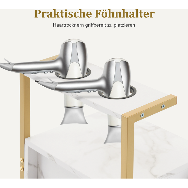 M MCombo Friseurwagen mit Rollen & 3 Schubladen, Rollwagen Servierwagen Weiß-Gold, Salon Trolley mit 2 Ablagen & 2 Föhnhalter, Moderner Arbeitswagen für Bad Wohnzimmer 0048 – Bild 4