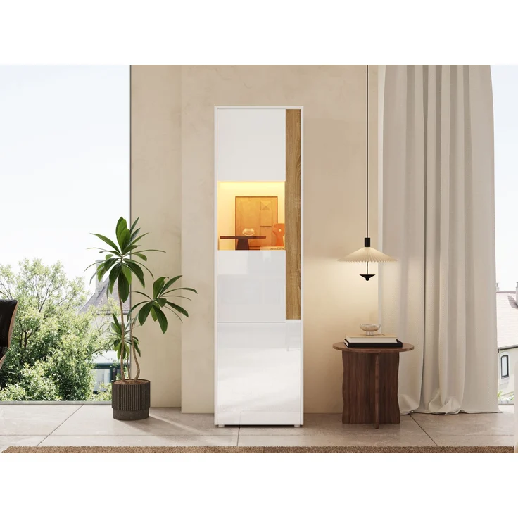 Vitrine, Aufbewahrungsmöbel, hoher Schrank mit LED-Beleuchtung, 2 Türen (eine davon aus Acryl), Geeignet für Wohnzimmer, Büros und Küchen, Weiß+Natural, Maße: B50 x T40 x H179 cm.--Natur + Weiß--50x40x179cm--YOUDENOVA – Bild 9