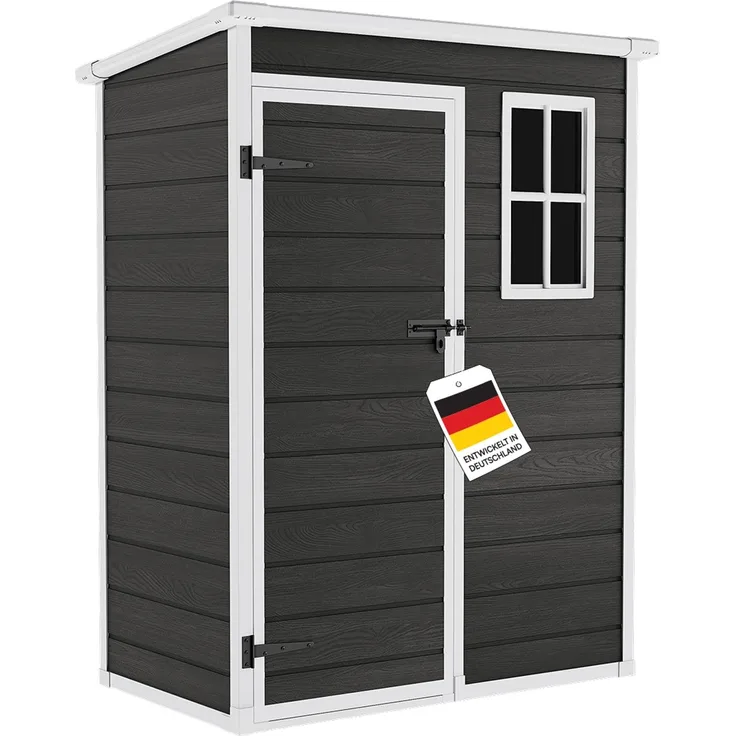 STEELSØN 'Novara' Gerätehaus Pultdach, Kunststoff, dunkelgrau mit Holzoptik, wetterfest, 192/183x92x151 cm, abschließbar, Gartenhaus mit Fenster