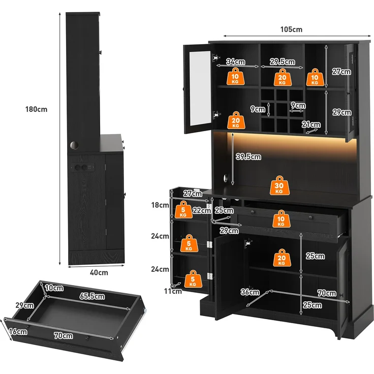 Küchenschrank, Hochschrank, Aufbewahrungsschrank, Vitrinenschrank mit Tür, integriertem Gewürzregal, verstellbaren Einlegeböden,mit farbwechselnder LED-Beleuchtung und Steckdose, 180 × 105 × 40 cm--Schwarz--105x40x180cm--YOUDENOVA – Bild 7