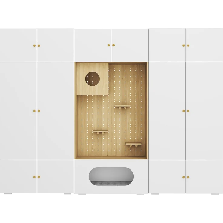 Kleiderschrank, Garderoben-Set Garderobe, Haustierschrank, 270 x 50 x 200 cm, mit 1 Kleiderstange und Katzenkletterwand, für Schlafzimmer, Wohnzimmer und Flur, Weiß+Holzoptik--Weiß, Holz--270x50x200cm--YOUDENOVA – Bild 5